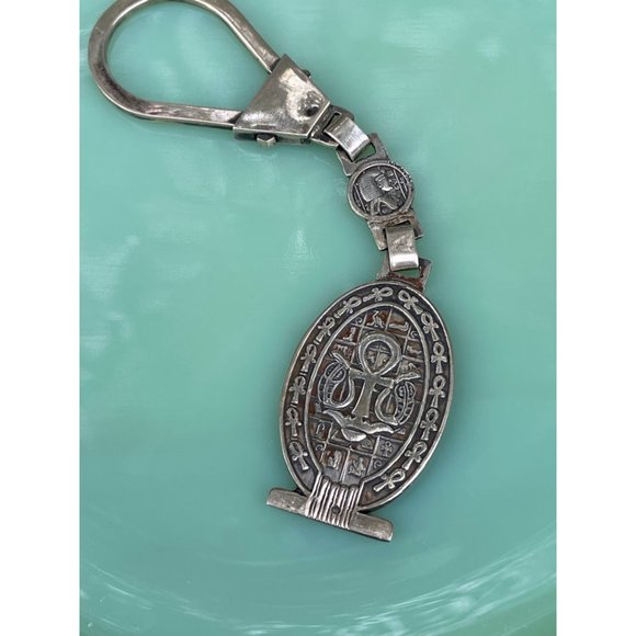 Vintage Sterling Silver Egyptian Key Chain FOB Ankh Cross Hieroglyphics 21 grams - Picture 12 of 15